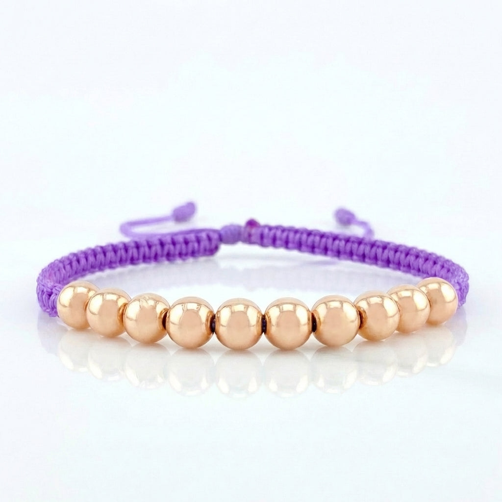 Pulsera Tejida Lila Bolas Lisas 10 Und / 6Mm Oro Rosa 18K (A.C)