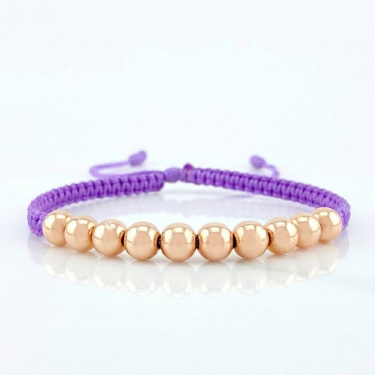 Pulsera Tejida Lila Bolas Lisas 10 Und / 6Mm Oro Rosa 18K (A.C)