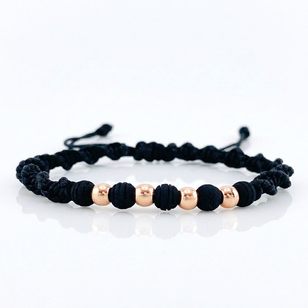 Pulsera Tejida Negra Bolas Lisas 4 Und / 4Mm Oro Rosa 18K (A.C)