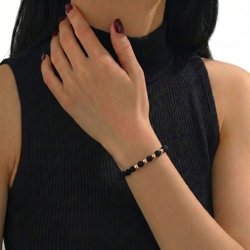 Pulsera Tejida Negra Bolas Lisas 4 Und / 4Mm Oro Rosa 18K (A.C)