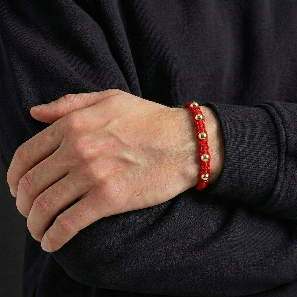 Pulsera Tejida Roja Bolas Lisas 5 Und / 4Mm Oro Rosa 18K (A.C)