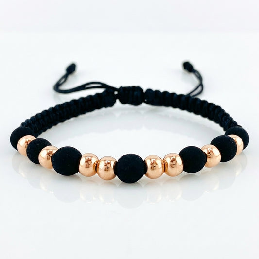 Pulsera Tejida Negra Bolas Lisas 8 Und / 5Mm Oro Rosa 18K (A.C)