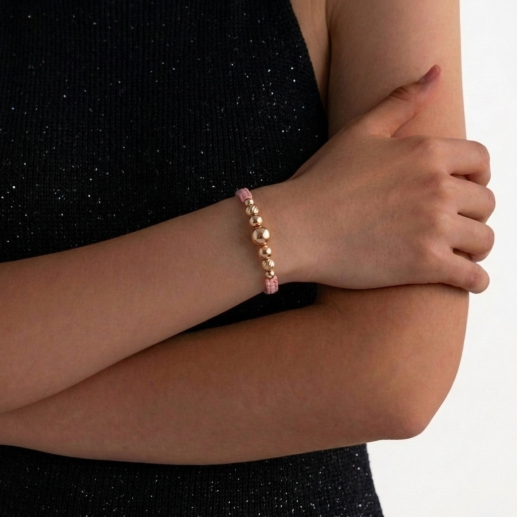 Pulsera Tejida Rosada Lisas 3 Und / 5Mm-6Mm / Diamantadas 4 Und / 3Mm-4Mm Oro Rosa 18K