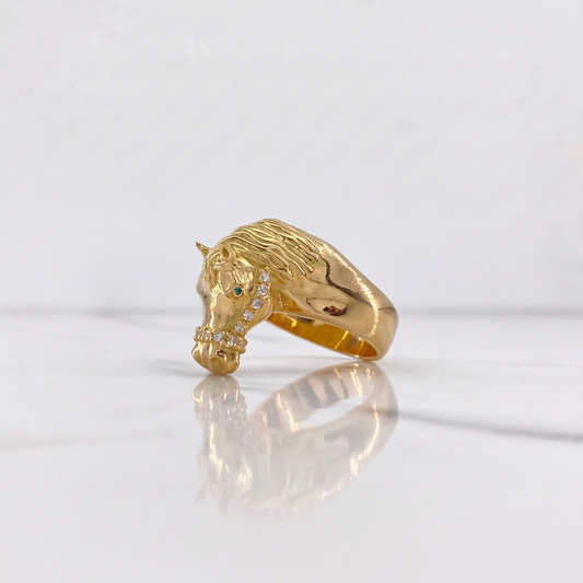 Anillo Caballo Fabricado 24.85gr / T9 1/2 / Circones Blancos Verdes Oro Amarillo $