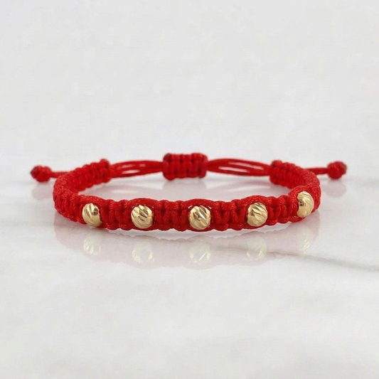 Pulsera Roja Bolas 4mm 5 Und Diamantadas Oro Amarillo 18K (A.C)