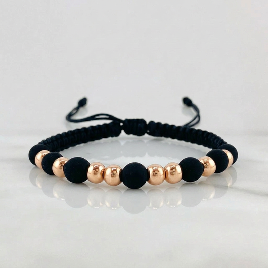 Pulsera Tejida Negra Bolas Lisas 8 Und / 5Mm Oro Rosa 18K