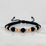 Pulsera Tejida Negra Bolas Lisas 8 Und / 5Mm Oro Rosa 18K