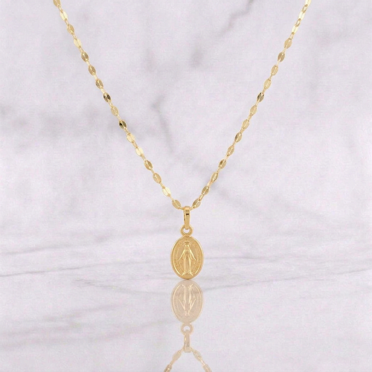 Set Cadena Flor Espejo + Dije Virgen Milagrosa / 1.3g / 45cm Oro Amarillo 18K