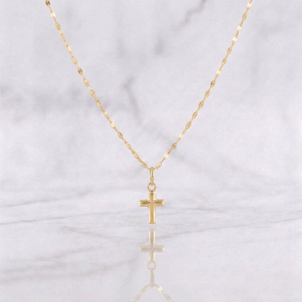 Set Cadena Flor Espejo + Dije Cruz / 1.1g / 45cm Oro Amarillo 18K