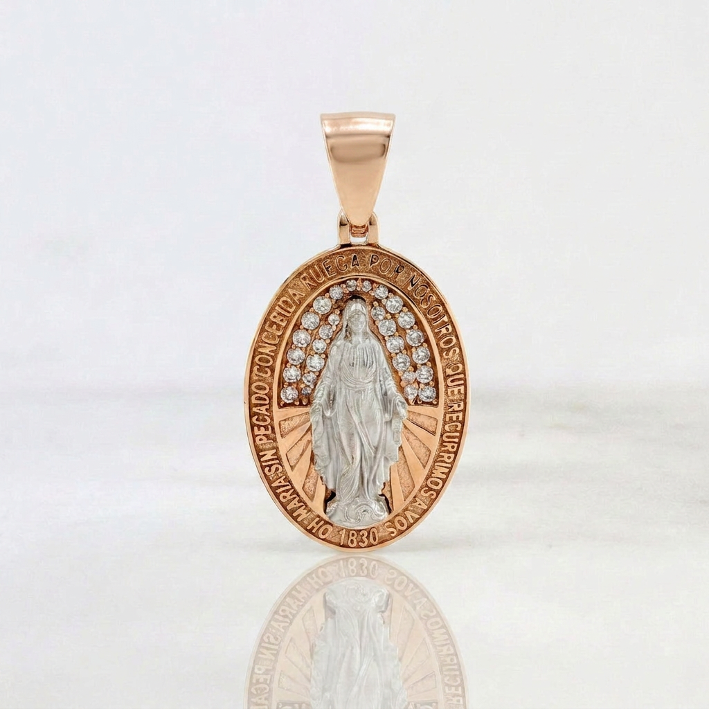 Dije Virgen Milagrosa 4.4gr / 3.2cm / Dos Oros Blanco Rosa 18K