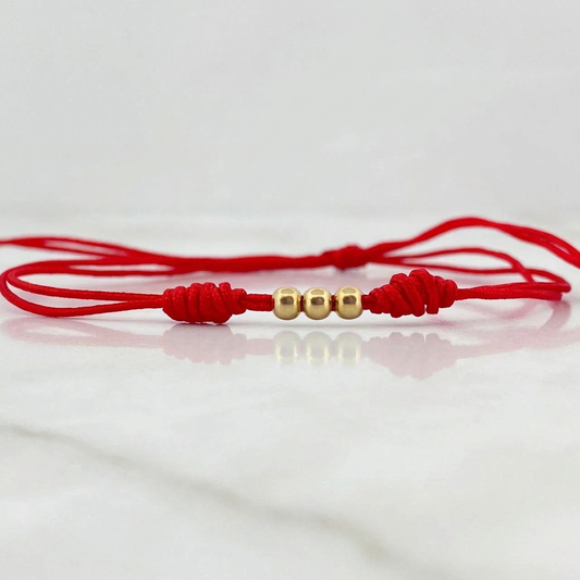 Pulsera Roja Bolas 3mm 3 Und Lisas Oro Amarillo 18K (A.C)