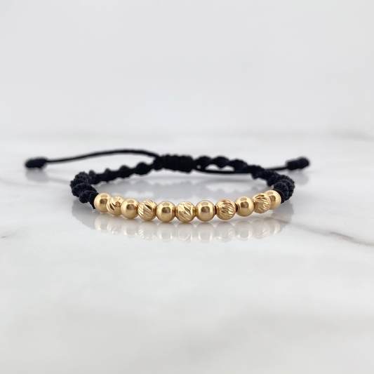 Pulsera Negra 4mm 11 Und Bolas Lisas Diamantada Oro Amarillo 18K (A.C)