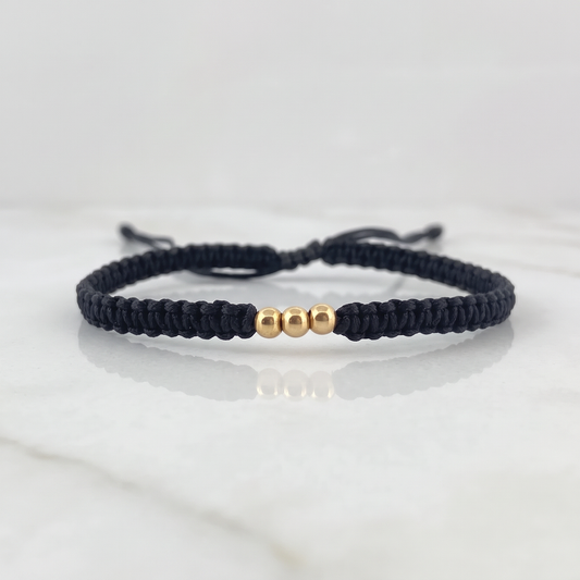Pulsera Negra 3mm 3 Und Bolas Lisas Oro Amarillo 18K (A.C)