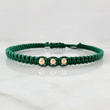 Pulsera Tejida Verde Bolas Lisas Oro Amarillo 18K