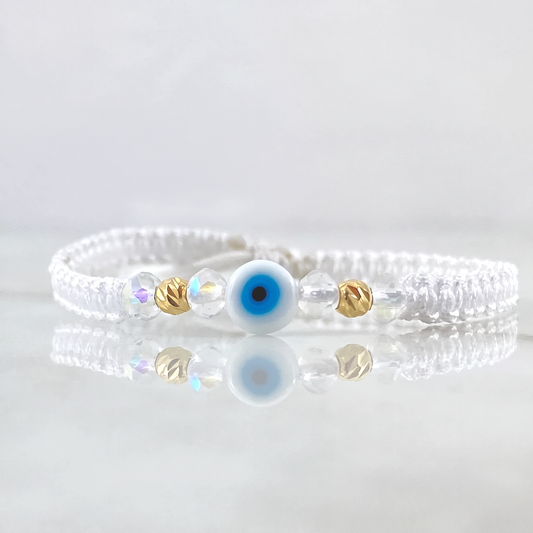Pulsera Blanca Ojo Turco 4mm Bolas Diamantadas 2 Und Oro Amarillo 18K (A.C)