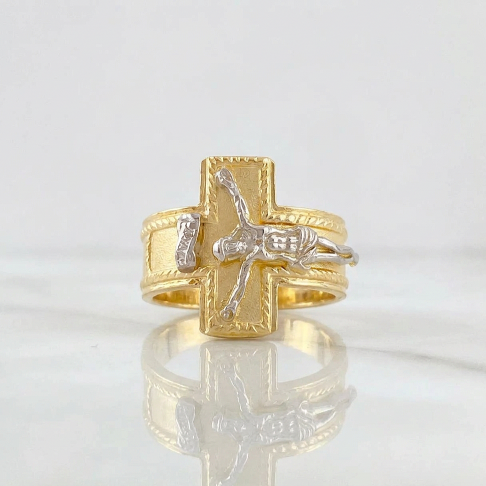 Anillo Cruz Cristo Bordeado 4.15g / T10 3/4 Dos Oros Amarillo Blanco 18K