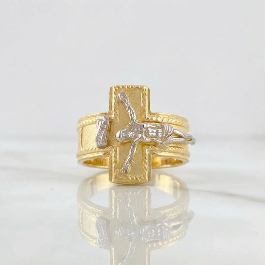 Anillo Cruz Cristo Bordeado 4.1g / T9 1/2 Dos Oros Amarillo Blanco 18K
