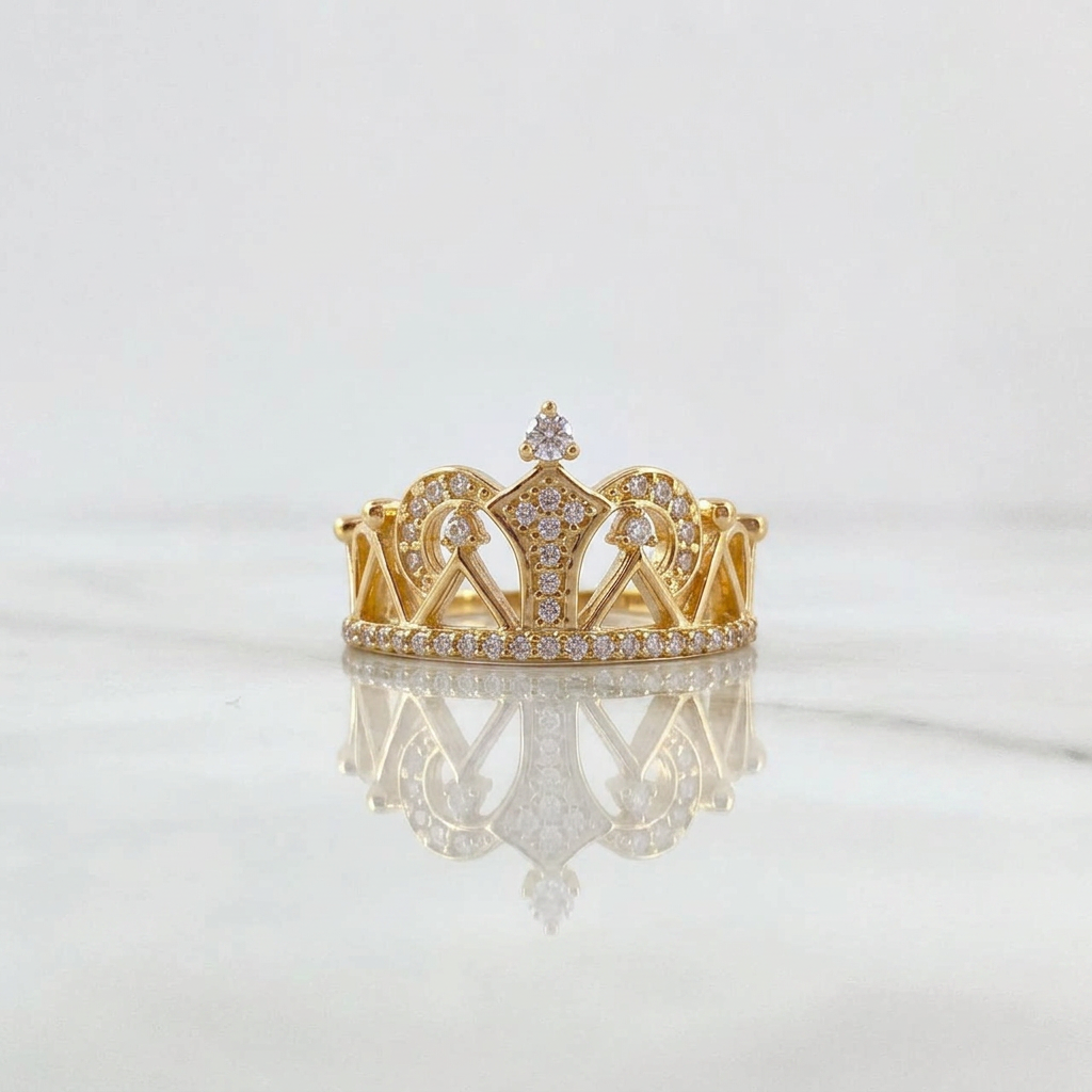 Anillo Corona Triangulos 3gr / T6 / Circones Blancos Oro Amarillo 18K