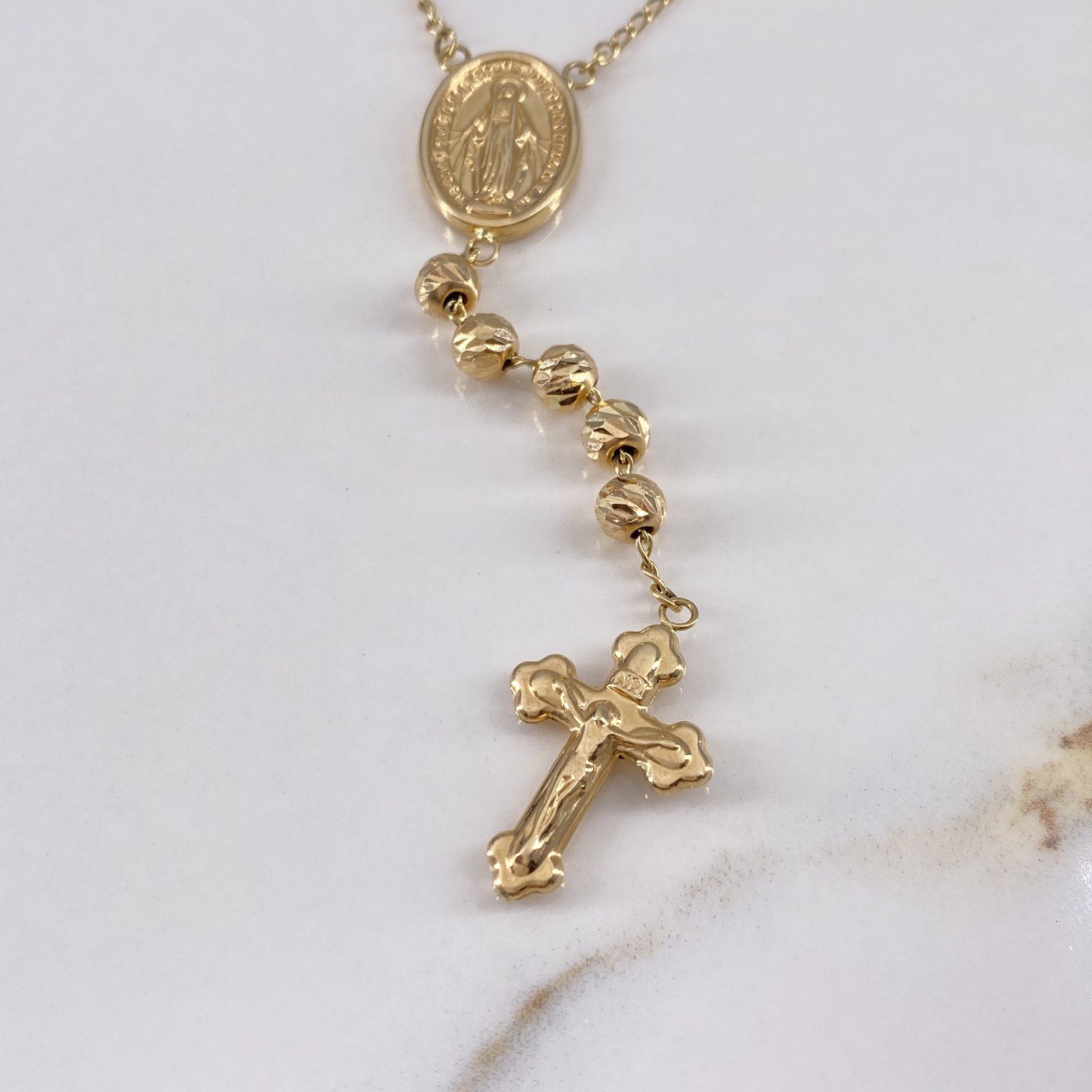 Rosario Virgen Milagrosa 15.15gr / 60cm / 5mm Bola Diamantada Oro Amarillo $