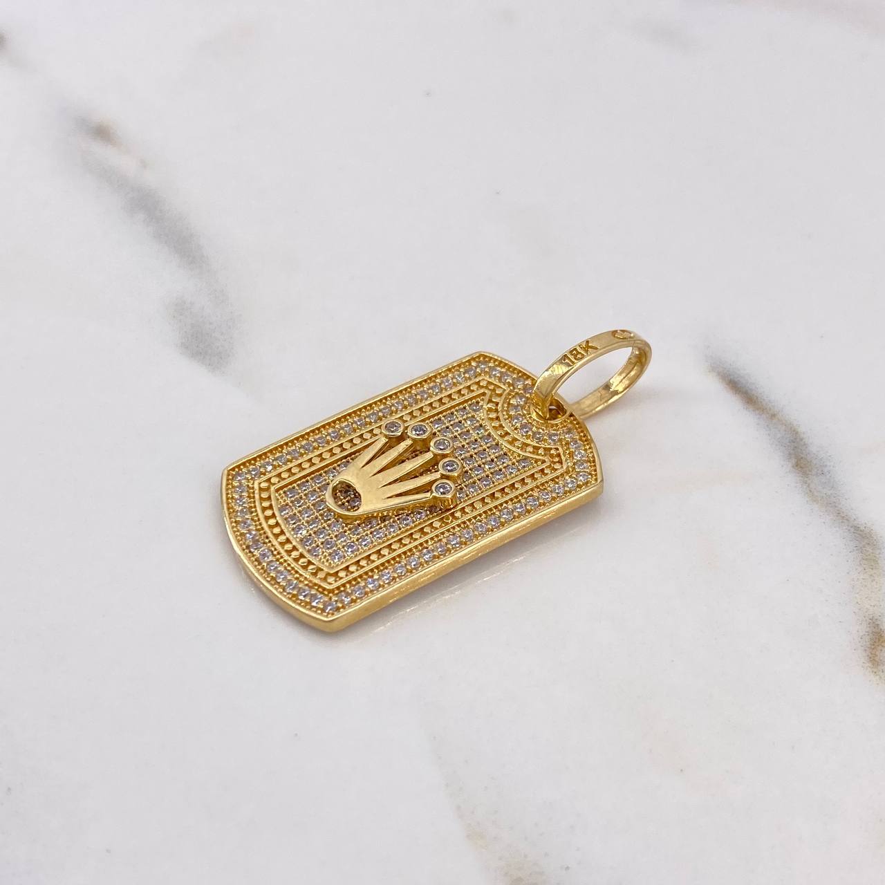 Dije Placa Corona RX 6.2gr / 3.7cm / Rectangular Circones Blancos Oro Amarillo 18K #
