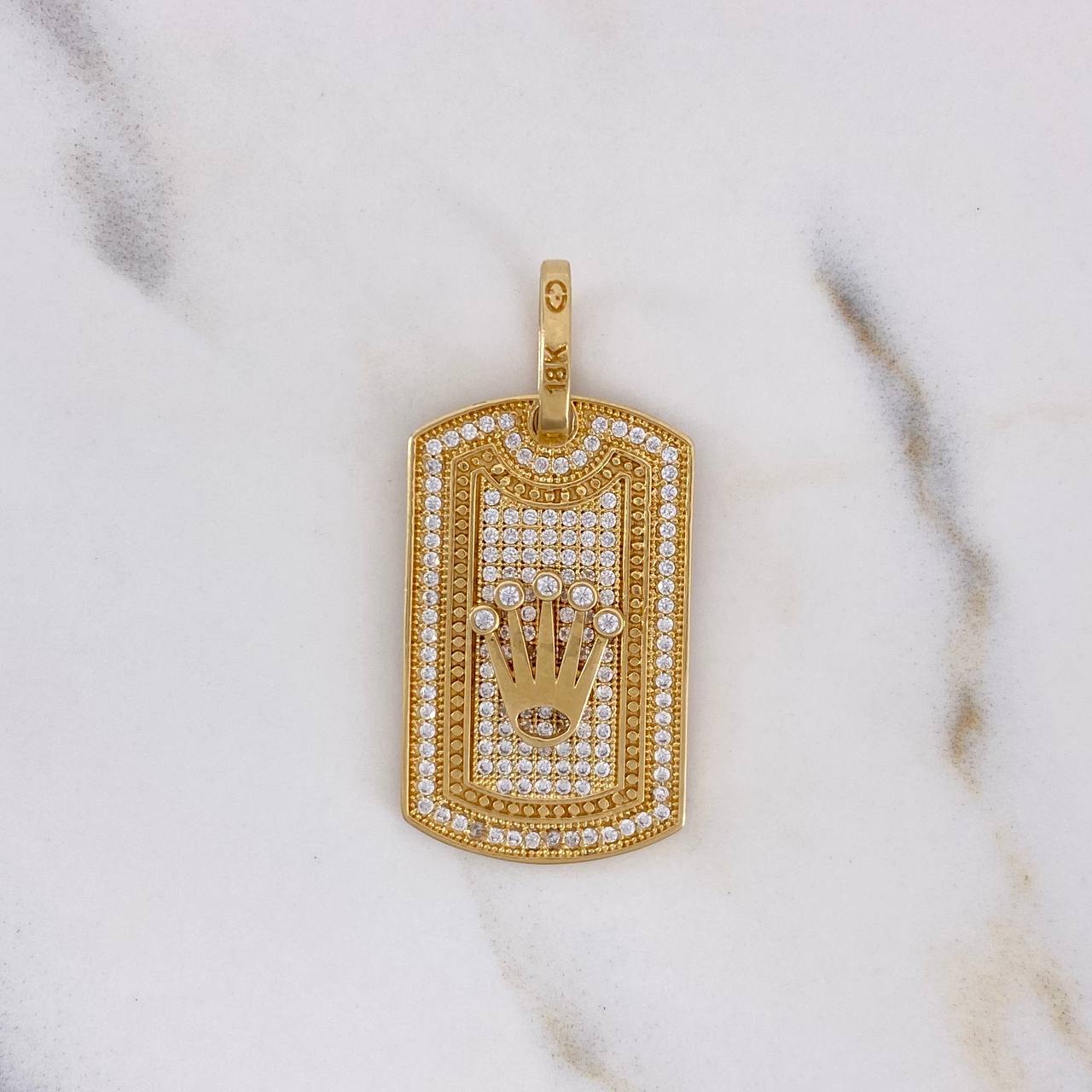 Dije Placa Corona RX 6.2gr / 3.7cm / Rectangular Circones Blancos Oro Amarillo 18K #