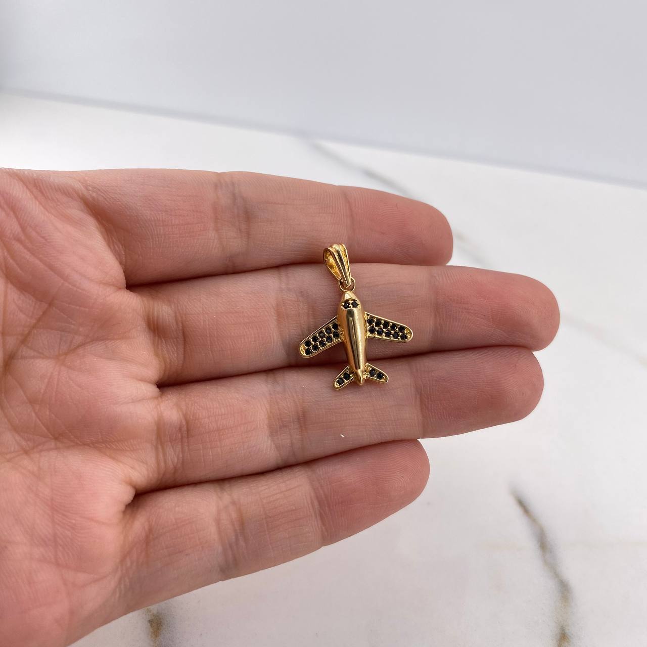Dije Avion 1.45gr / 2.1cm / Circones Negros Oro Amarillo 18K #