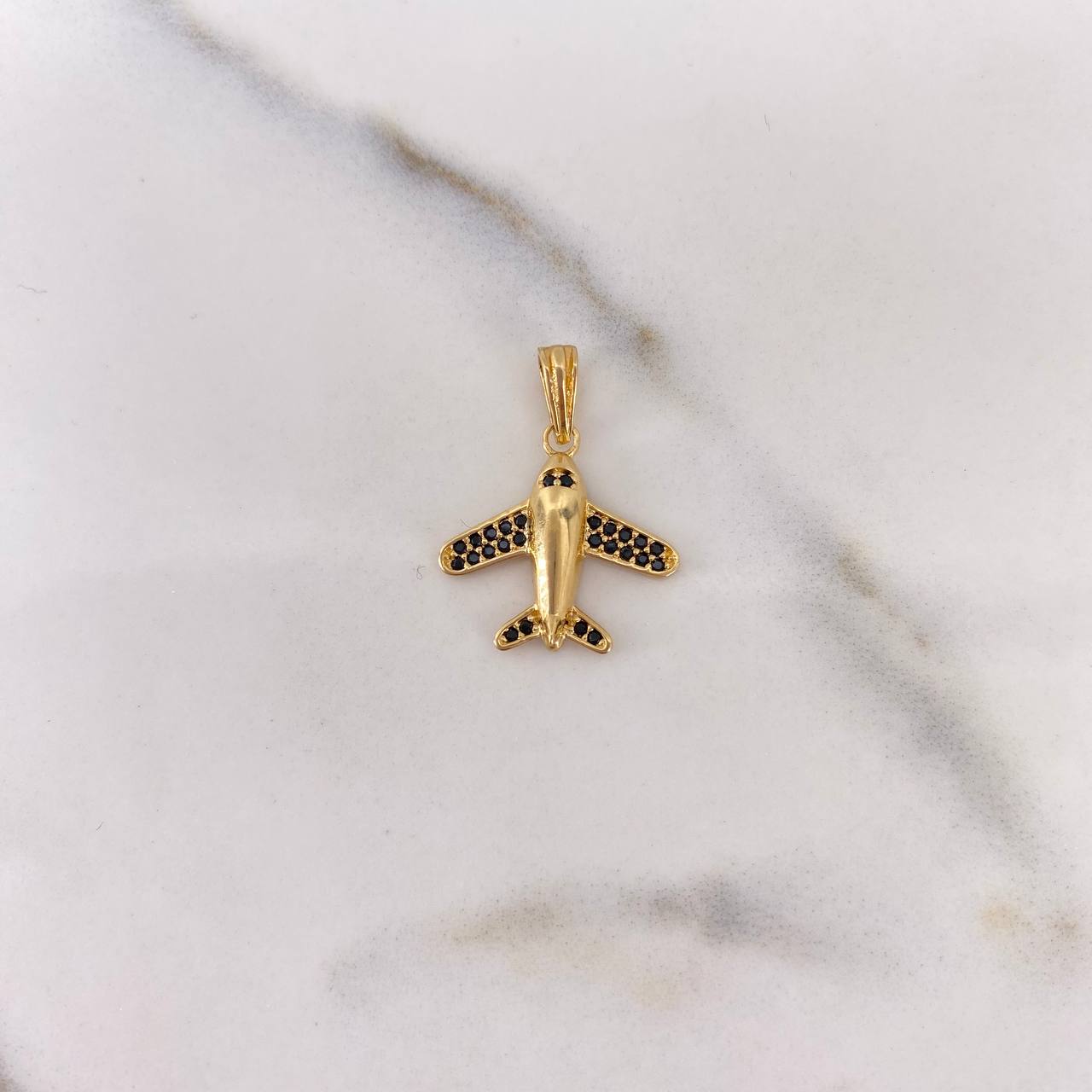 Dije Avion 1.45gr / 2.1cm / Circones Negros Oro Amarillo 18K #