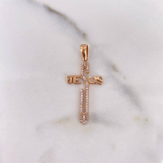 Dije Cruz Jesus 2.6gr / 3.7cm / Circones Blancos Oro Rosa 18K $