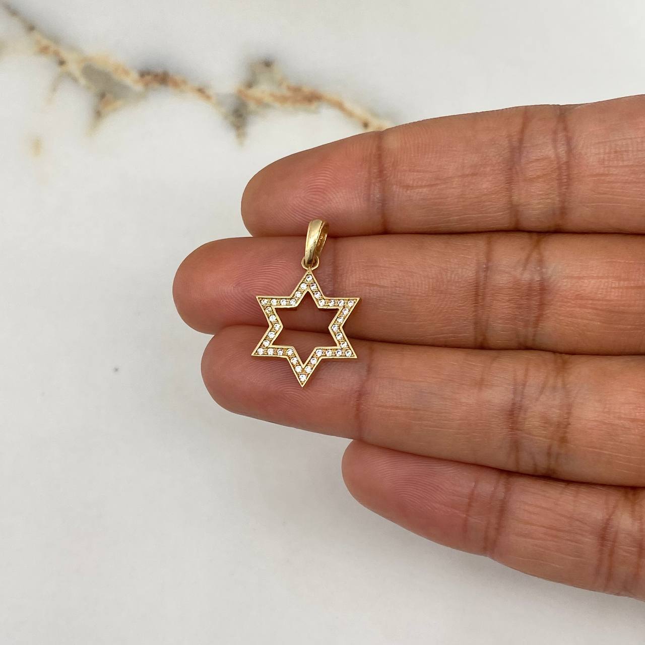 Dije Estrella David 1.75gr / 2.5cm / Silueta Circones Blancos Oro Amarillo $