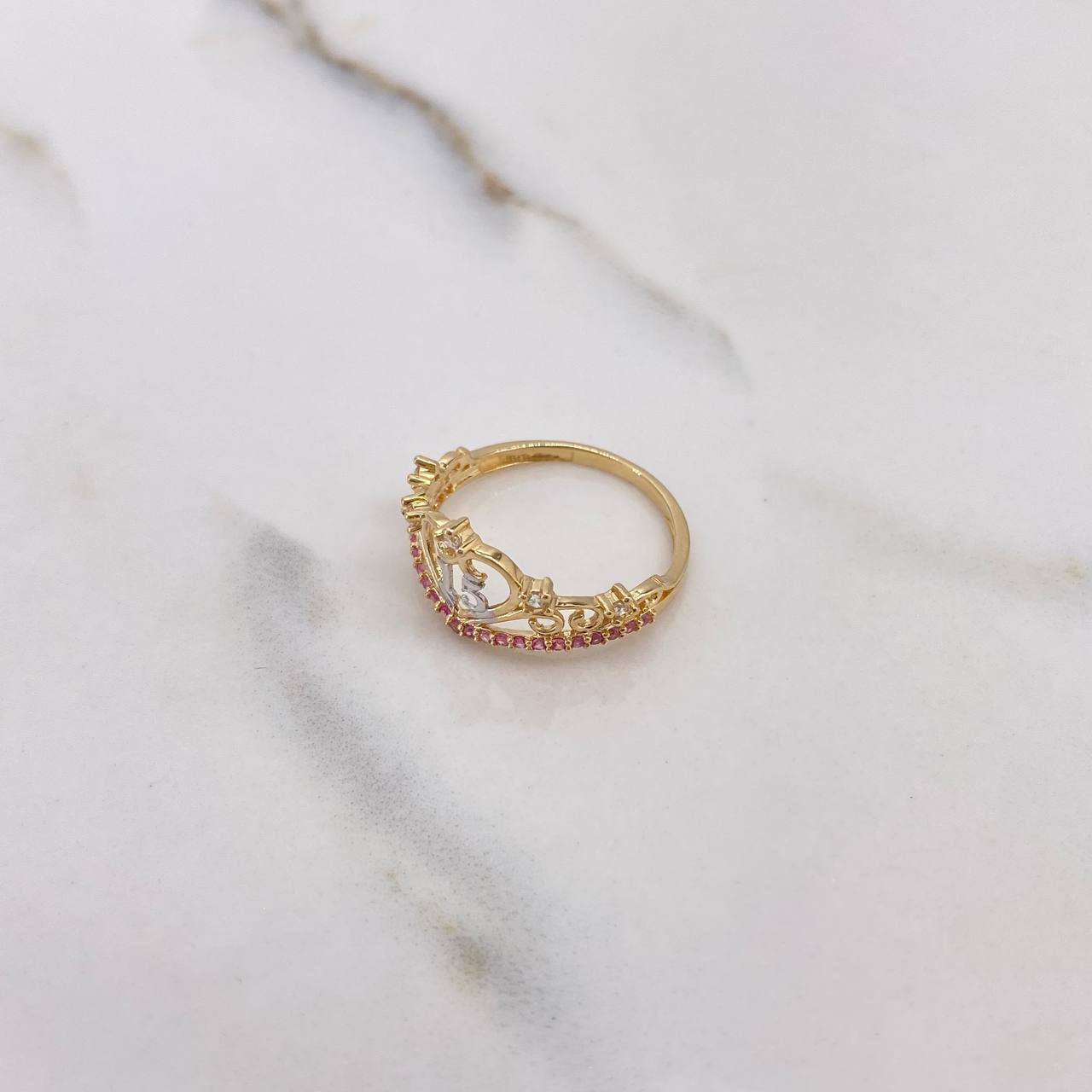 Anillo Corona Corazón 15s 2.05gr / T6 1/2 / Circones Blancos Rosados Dos Oros Amarillo Blanco $