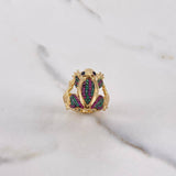 Anillo Rana 8.45gr / T7 1/4 / Circones Verdes Fucsias Oro Amarillo $
