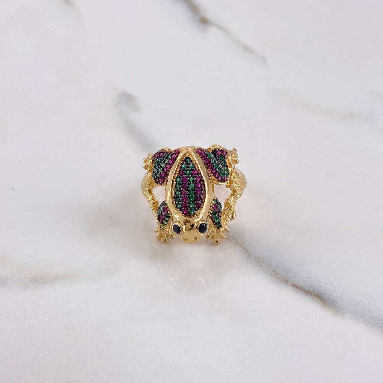Anillo Rana 8.45gr / T7 1/4 / Circones Verdes Fucsias Oro Amarillo $