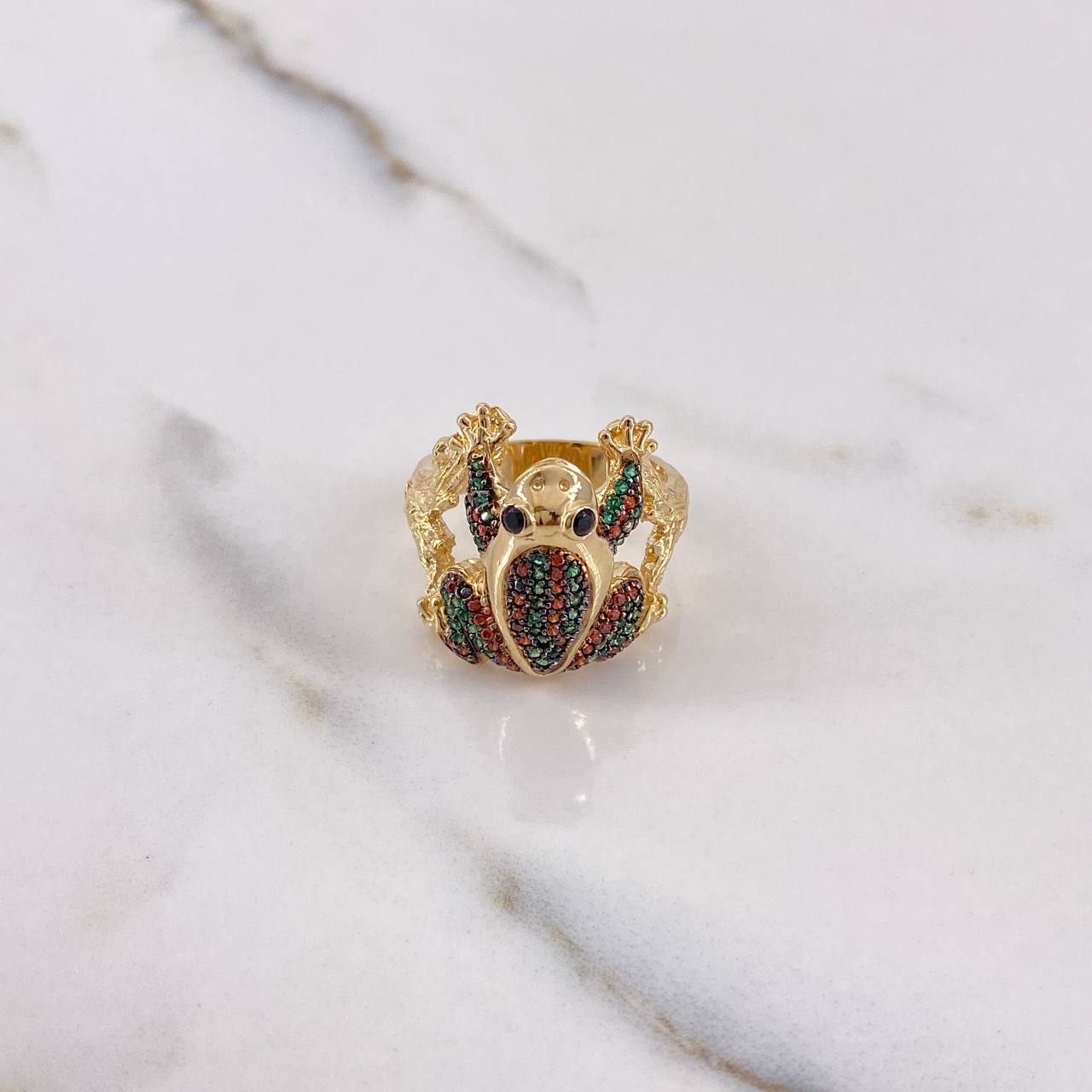 Anillo Rana 8.65gr / T7 1/2 / Circones Verdes Naranjas Oro Amarillo &