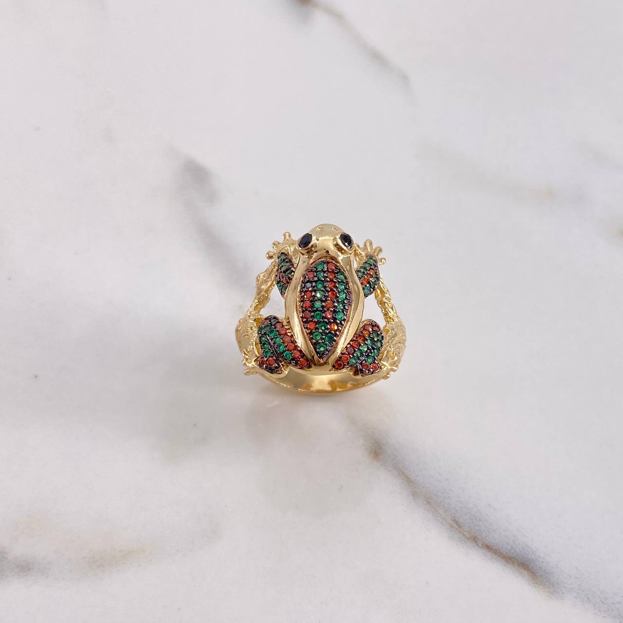Anillo Rana 8.65gr / T7 1/2 / Circones Verdes Naranjas Oro Amarillo &