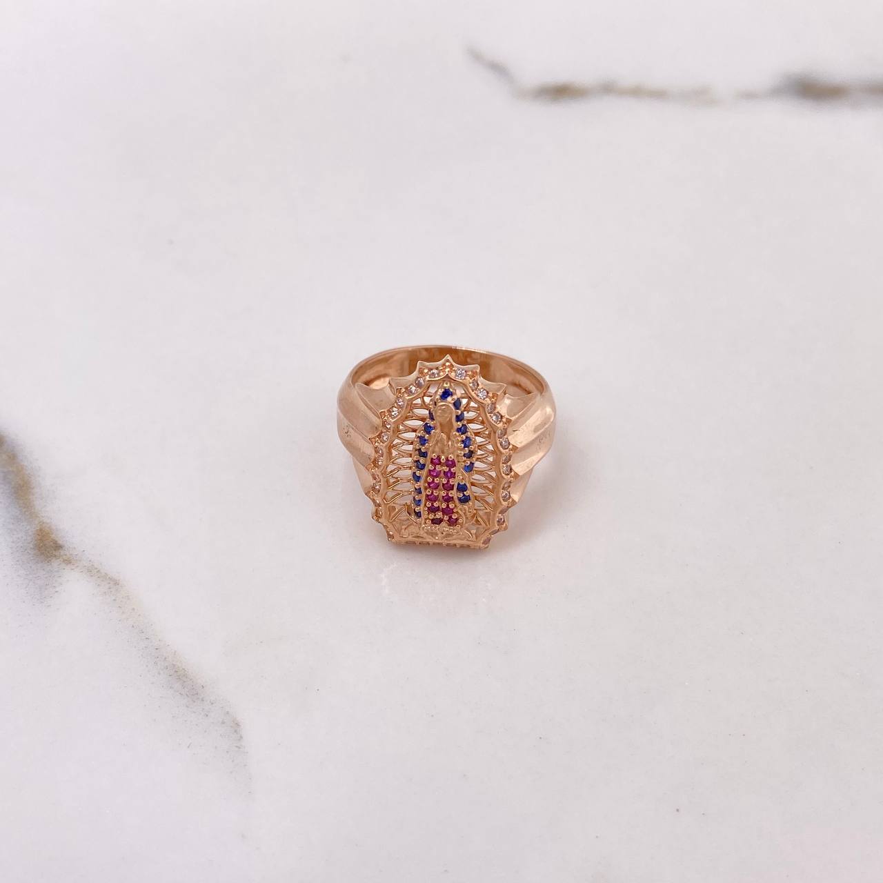 Anillo Virgen Guadalupe 6.85gr / T8 / Circones Blancos Azules Fucsias Oro Rosa $