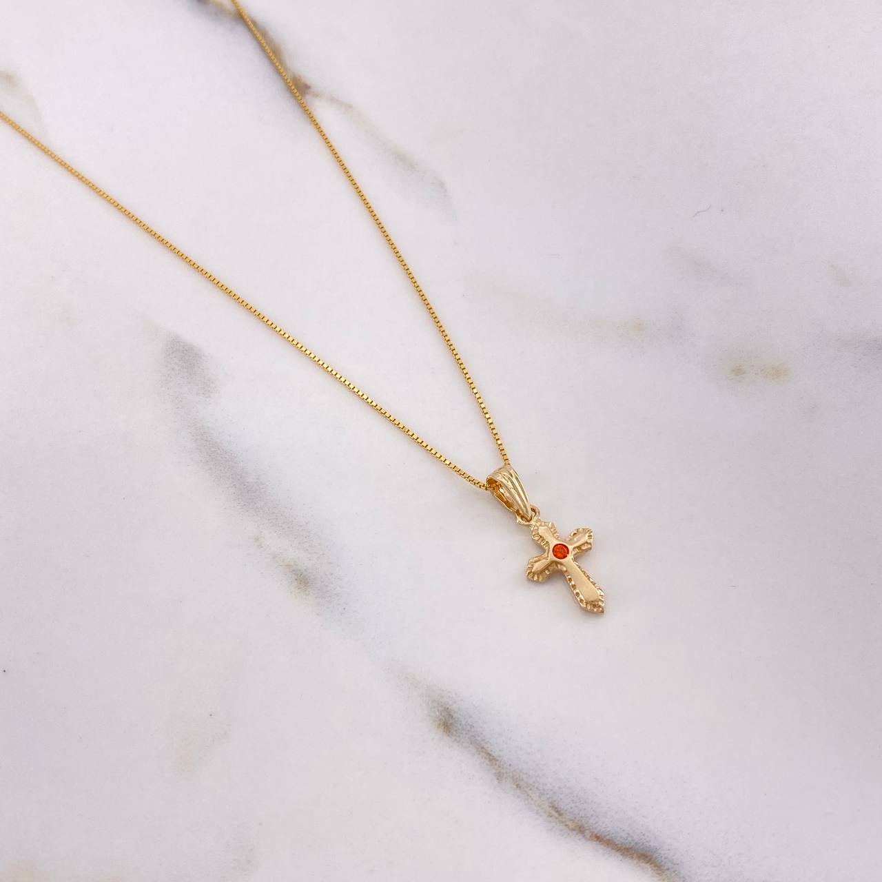 Cadena Veneciana 1.8gr / 50cm + Dije Cruz Circon Naranja 0.9gr / 2cm / Oro Amarillo (Oferta)