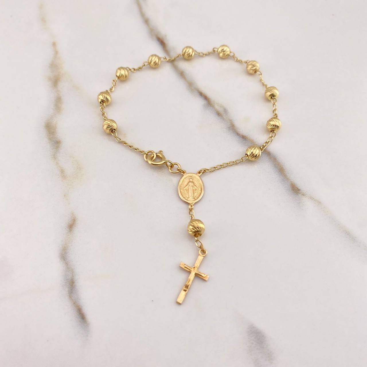 Pulso Denario Virgen Milagrosa 4.6gr / 20cm / 5mm Bolas Diamantadas Cruz Cristo Oro Amarillo $