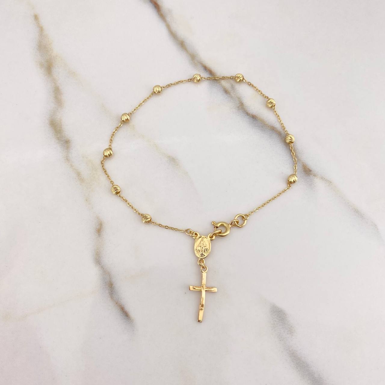 Pulso Denario Virgen Milagrosa 1.9gr / 20cm / 3mm Bolas Diamantadas Cruz Cristo Oro Amarillo $