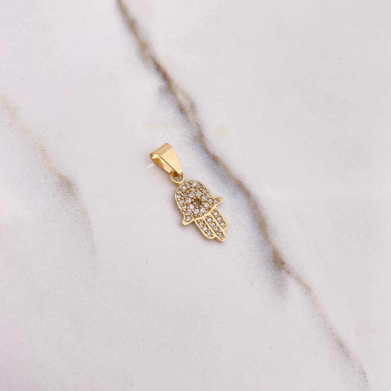 Dije Mano Hamsa 1.2gr / 2.1cm / Circones Blancos Oro Amarillo &