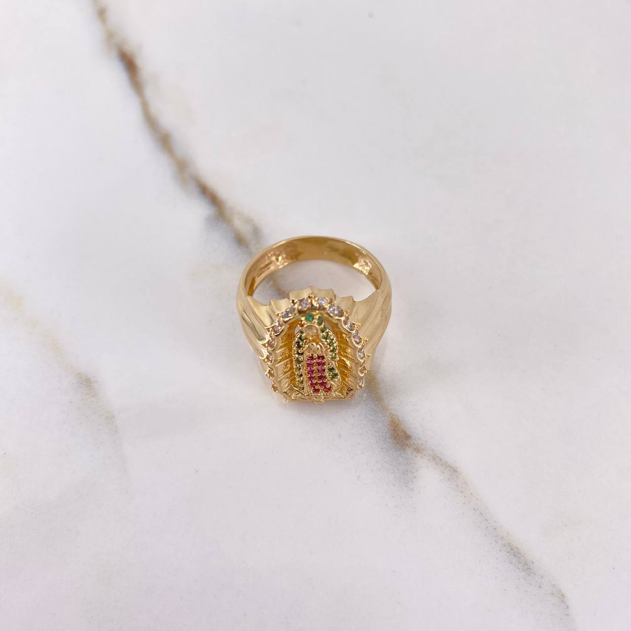Anillo Virgen Guadalupe 7.2gr / T7 3/4 / Circones Verdes Fucsias Blancos Oro Amarillo &