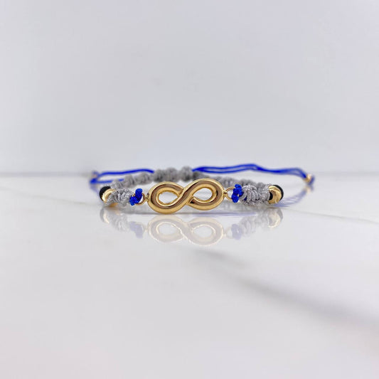 Pulsera Azul Gris Herraje Infinito 1.05gr / 4mm Bolas Neprenos Negras Diamantadas Oro Amarillo &