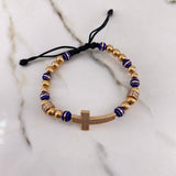 Pulsera Negra Herraje Cruz 10.3gr / 5mm-6mm Bolas Neoros Lisas Circones Blancos Oro Amarillo &