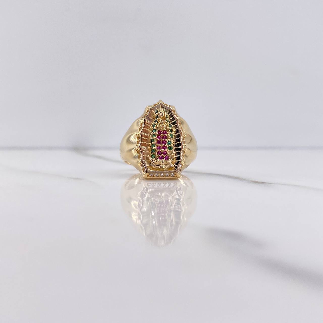 Anillo Virgen de Guadalupe 5.8gr / T7 1/2 / Circones Fucsias Verdes Blancos Oro Amarillo $