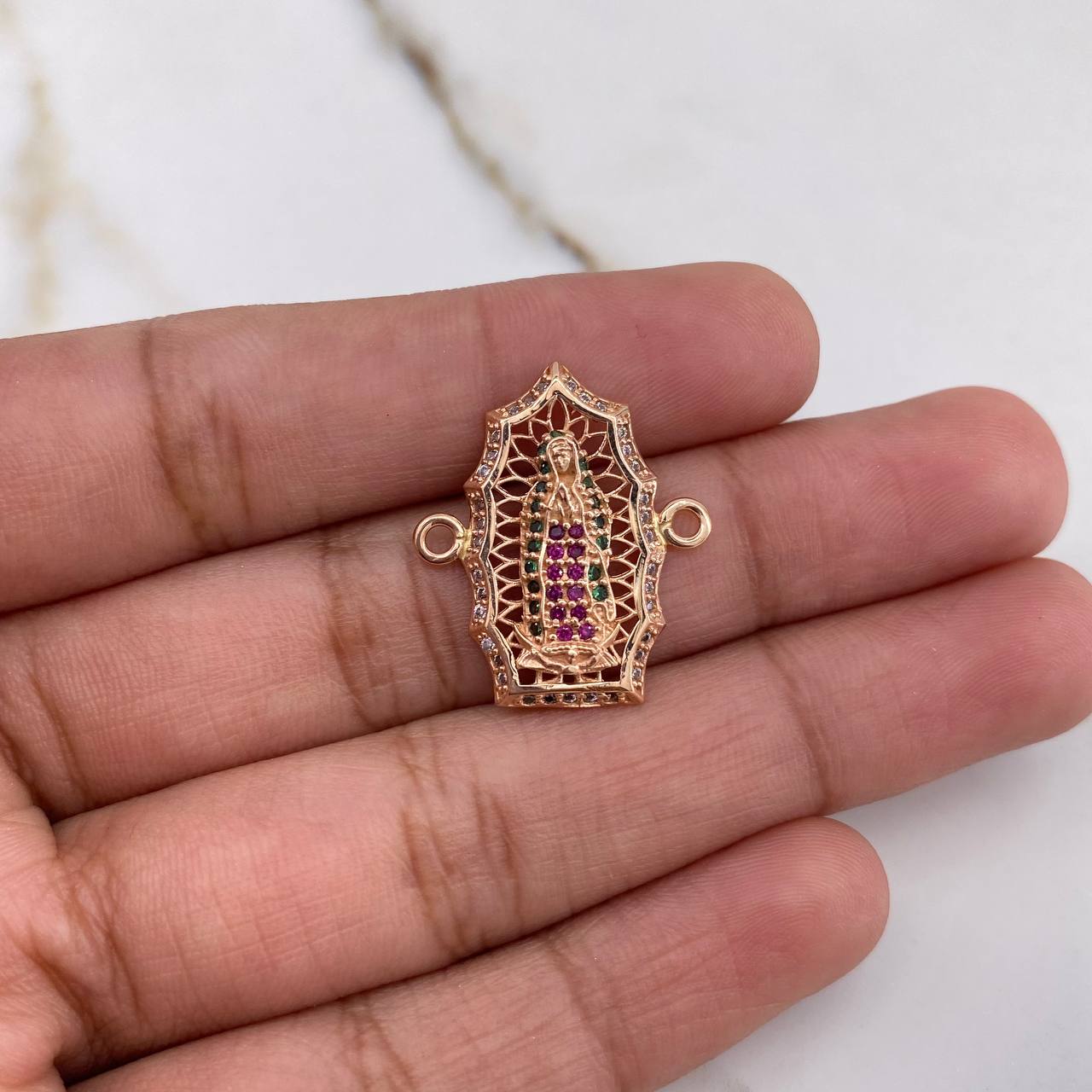 Herraje Virgen de Guadalupe 2.9gr / 2.2cm / Circones Fucsias Verdes Blancos Oro Rosa &