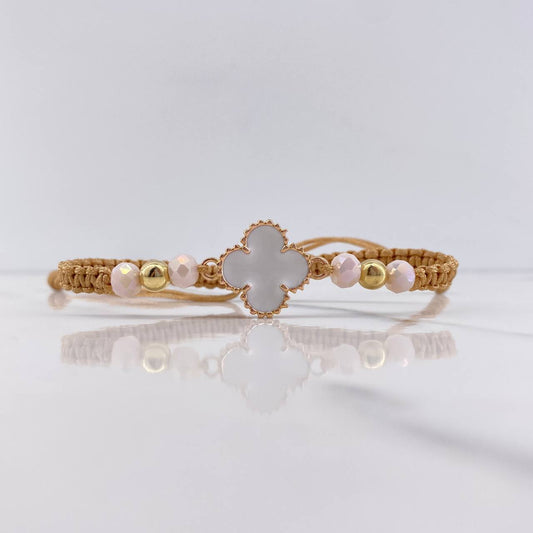 Pulsera Beige Trebol 3.35gr / 5mm Resina Blanca Bolas Lisas Oro Rosa Nac.Esp. $