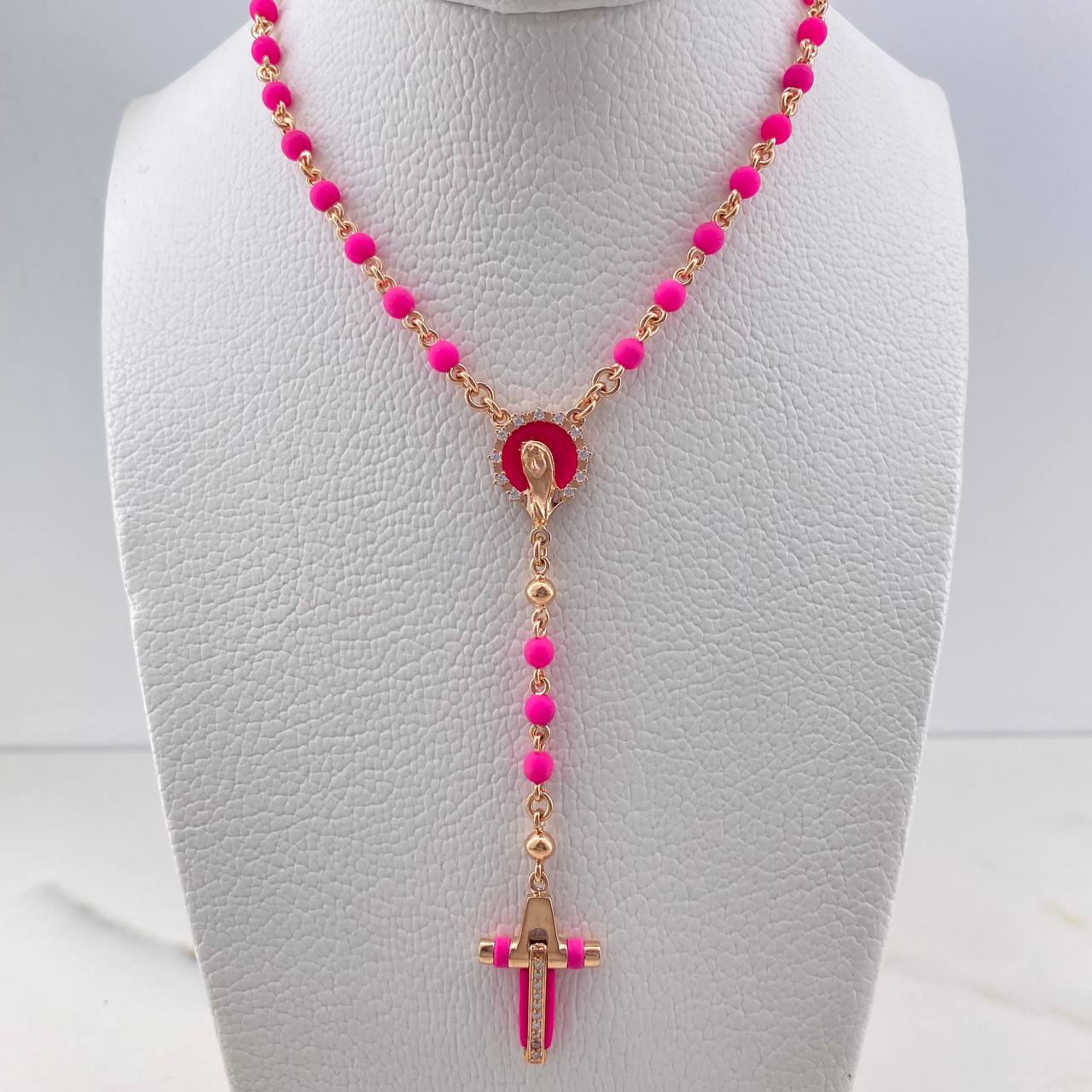 Rosario Virgen Maria 15gr / 50cm / 3mm Nepreno Rosado Circones Blancos Oro Rosa $