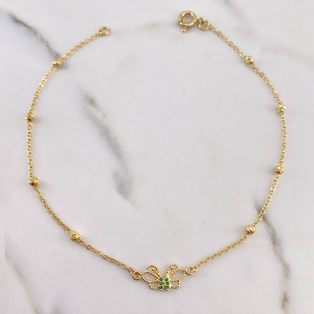 Tobillera Tipo Militar 2.25gr / 26cm / 3mm Mariposas Bola Diamantada Circones Verdes Oro Amarillo $
