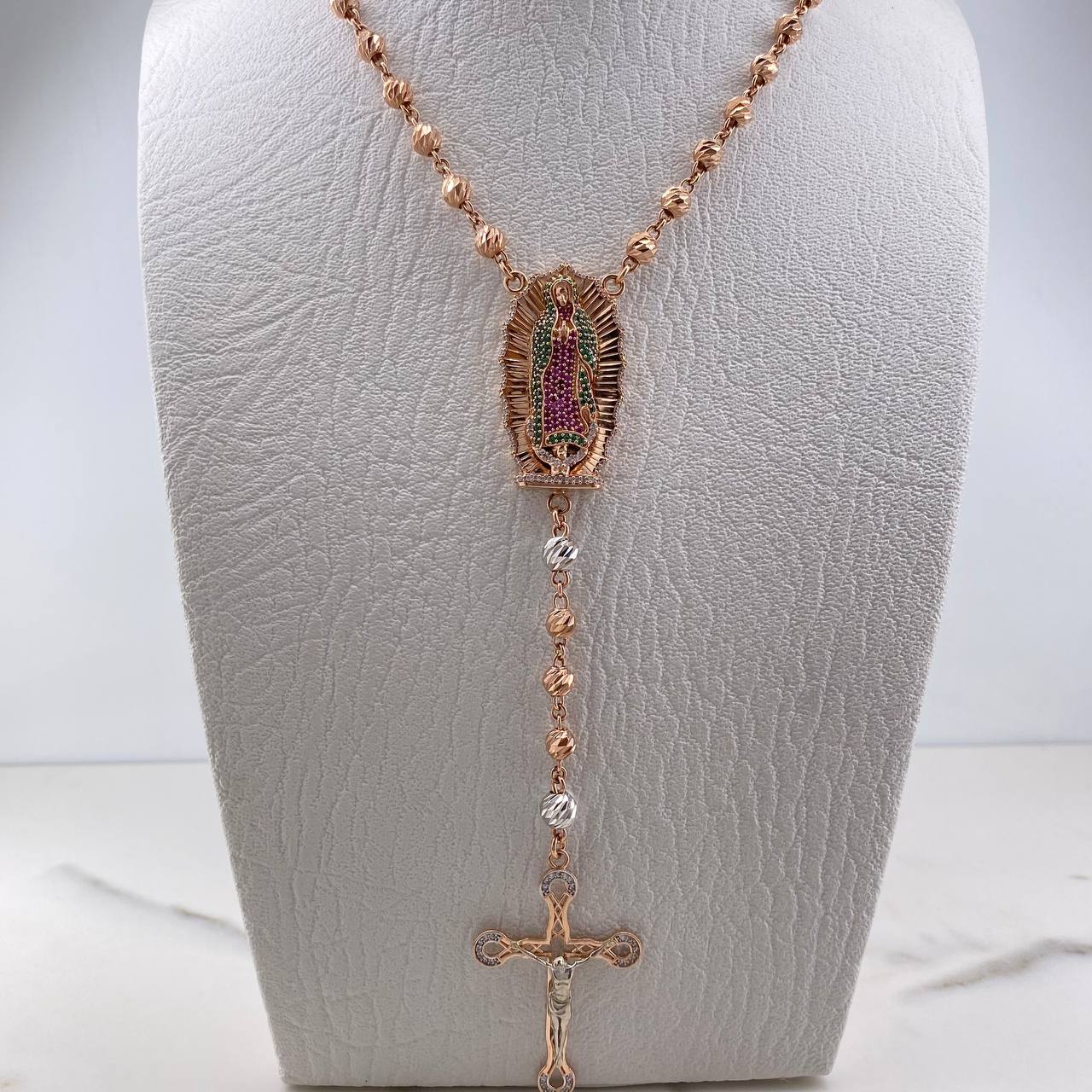Rosario Virgen Guadalupe 33.2gr / 60cm / Circones Verdes Fucsias Blancos Dos Oros Blanco Rosa 18K $