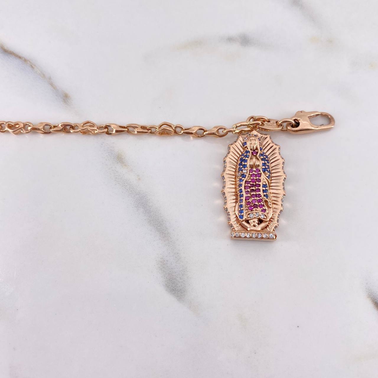 Tobillera Corazones Virgen Guadalupe 16.35gr / 27cm / Circones Azules Fucsias Blancos Oro Rosa 18K *
