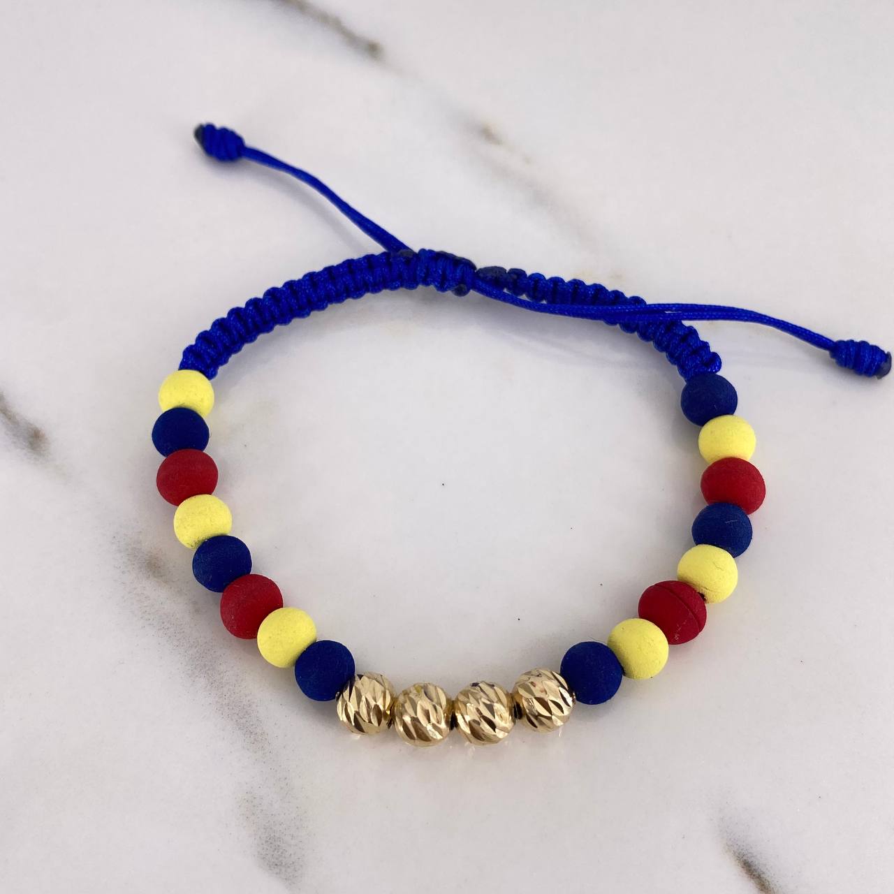 Pulsera Azul 1.2gr / 6mm Bolas Diamantadas Neoprenos Tricolor Oro Amarillo 18K $